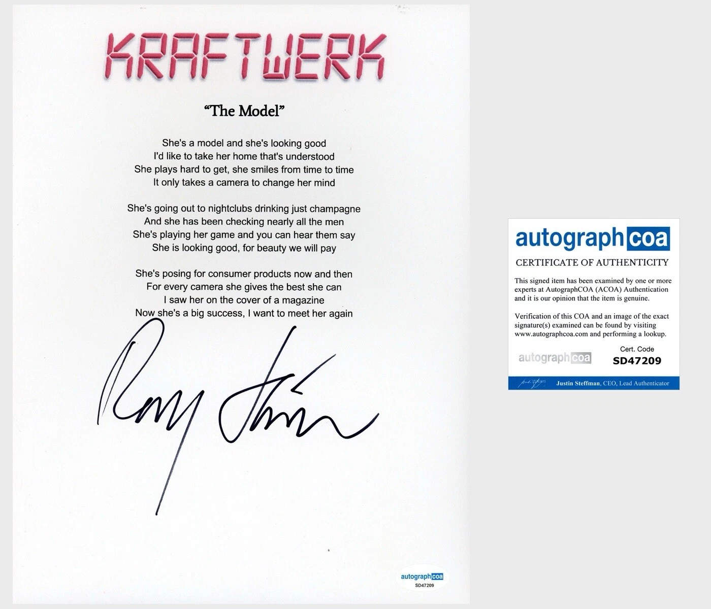 Ralf Hutter ‘Kraftwerk’ Signed ‘The Model’ Lyric Sheet German Band ACOA
