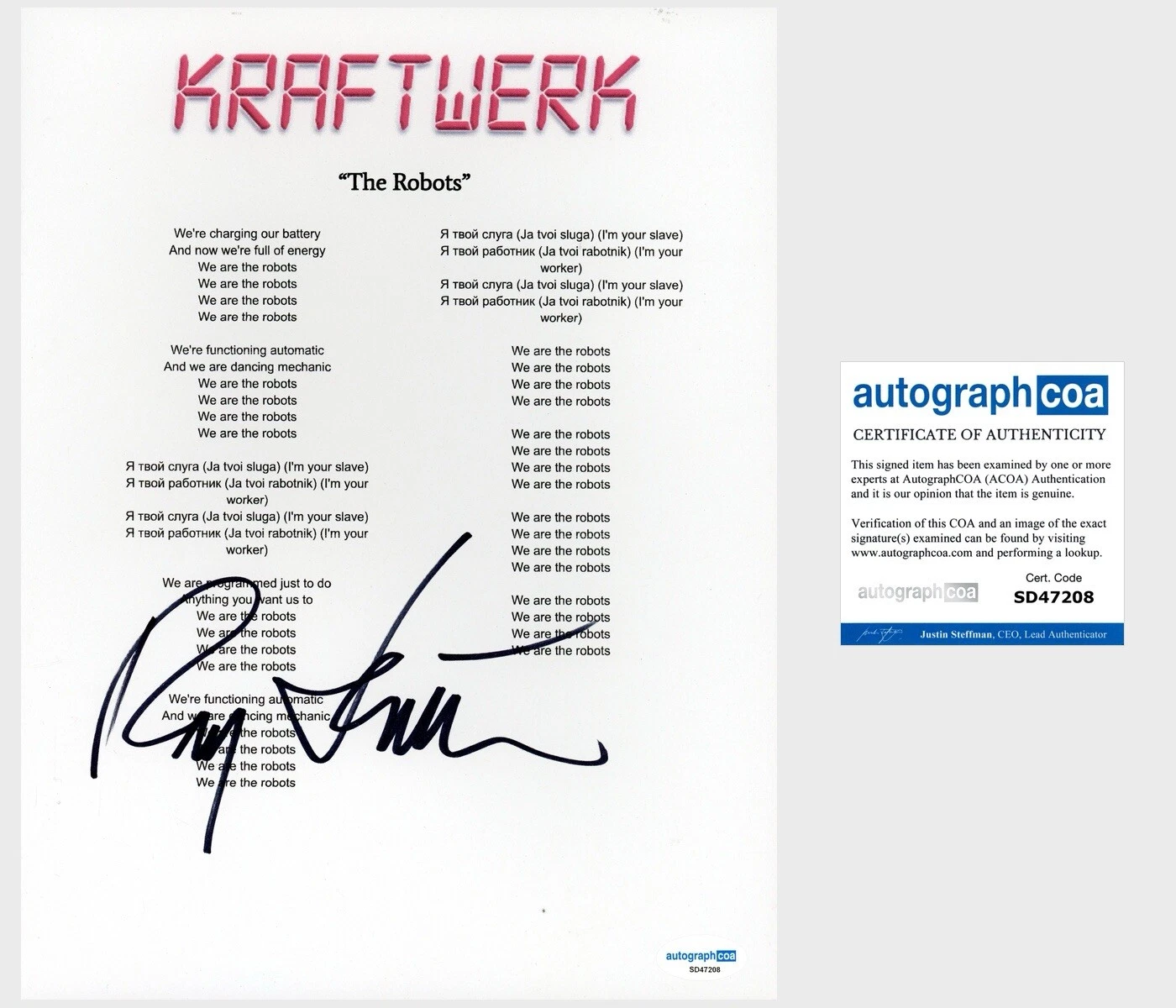 Ralf Hutter ‘Kraftwerk’ Signed ‘The Robots’ Lyric Sheet German Band ACOA
