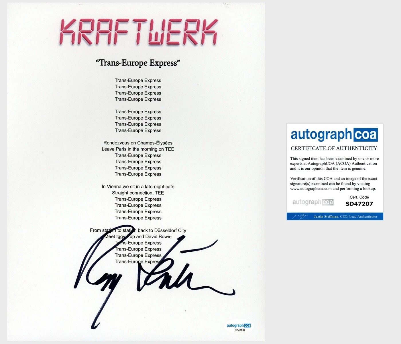 Ralf Hutter ‘Kraftwerk’ Signed Trans-Europe Express Lyric Sheet German Band ACOA