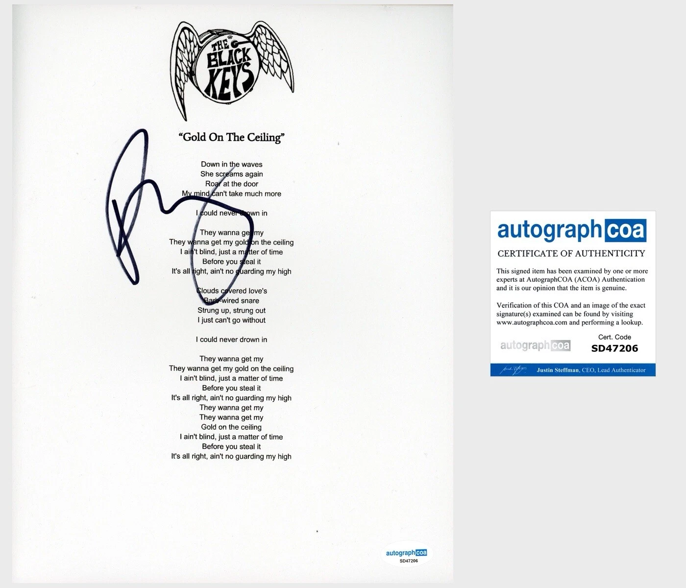 PATRICK CARNEY ‘THE BLACK KEYS’ BAND SIGNED GOLD ON THE CEILING LYRIC SHEET ACOA COLLECTIBLE MEMORABILIA