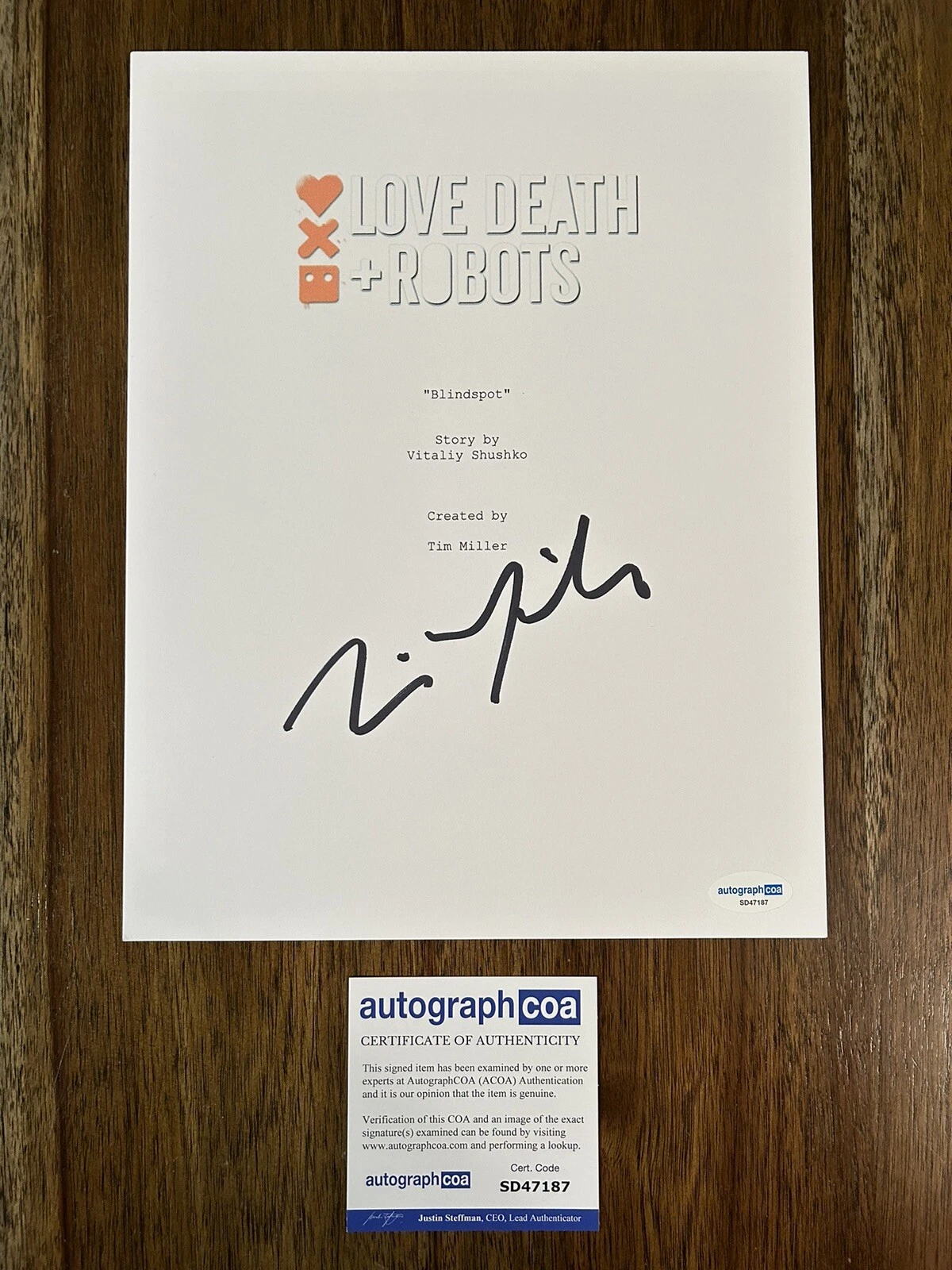 Tim Miller ‘Love, Death & Robots’ Signed TV Show Creator Script Cover ACOA