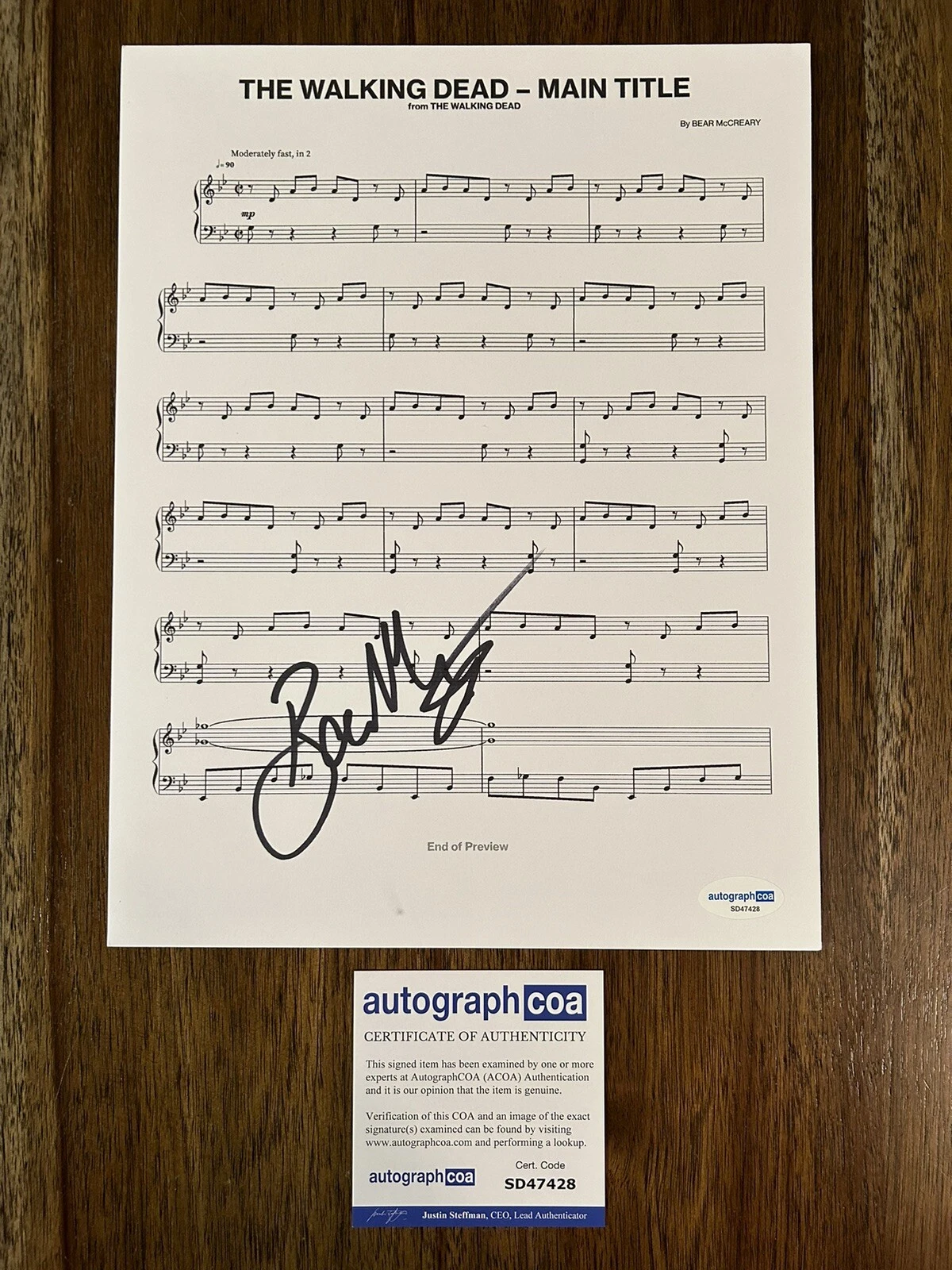 Bear McCreary ‘The Walking Dead’ Composer Signed Sheet Music ACOA