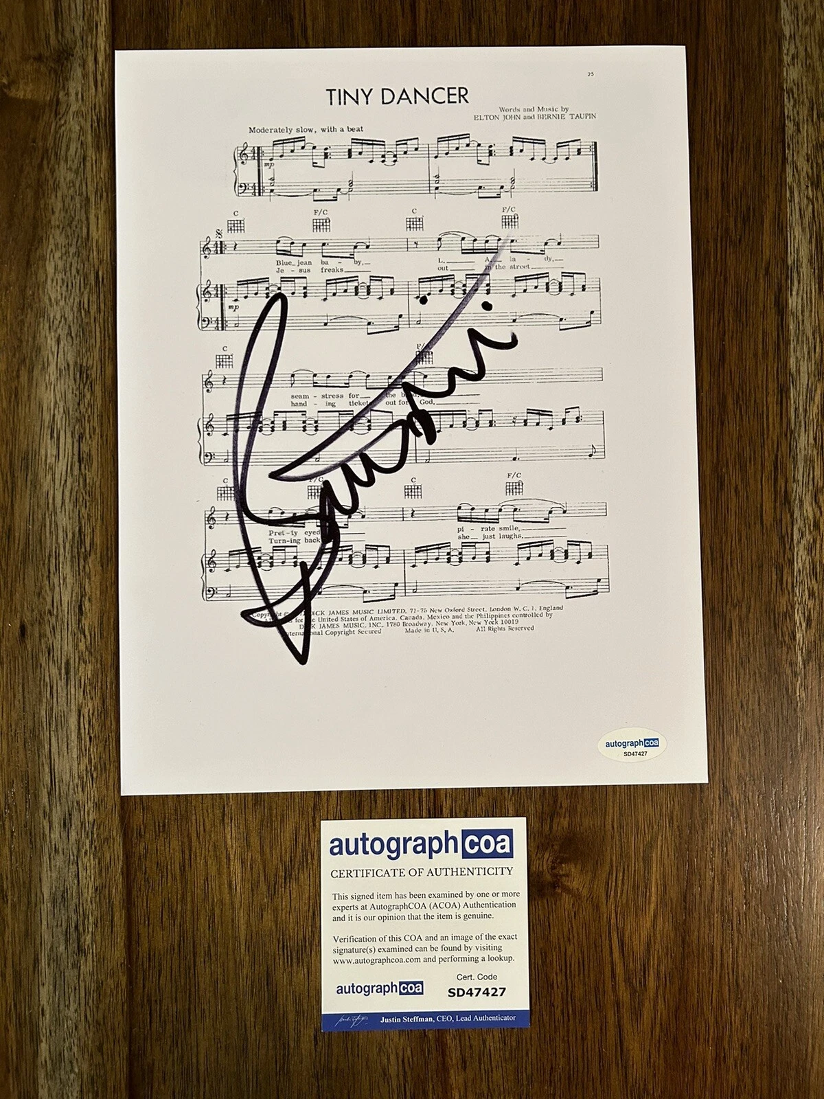 Bernie Taupin ‘Tiny Dancer’ Songwriter Signed Sheet Music Elton John ACOA RARE