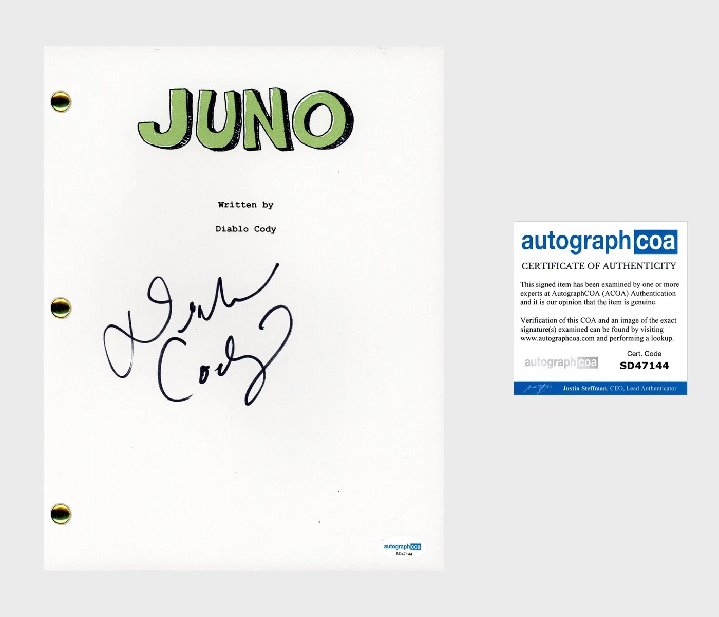 Diablo Cody ‘Juno’ Writer Signed Full Movie Script Screenplay ACOA