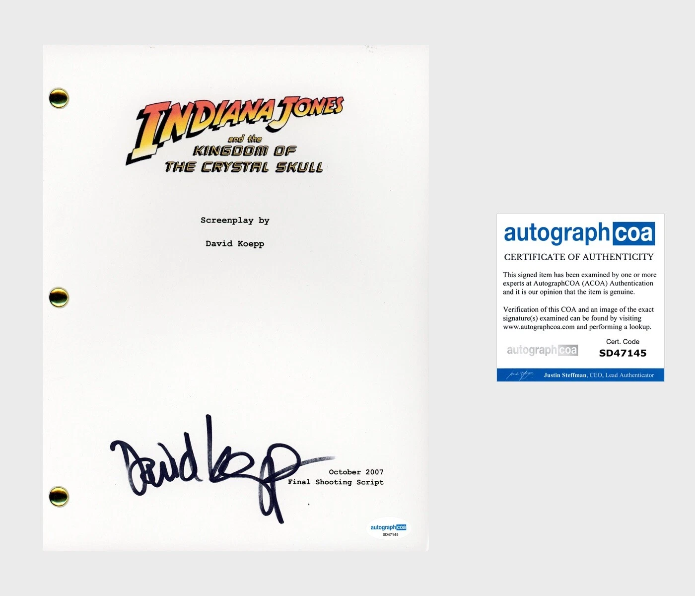 David Koepp ‘Indiana Jones’ Writer Signed Full Movie Script Screenplay ACOA