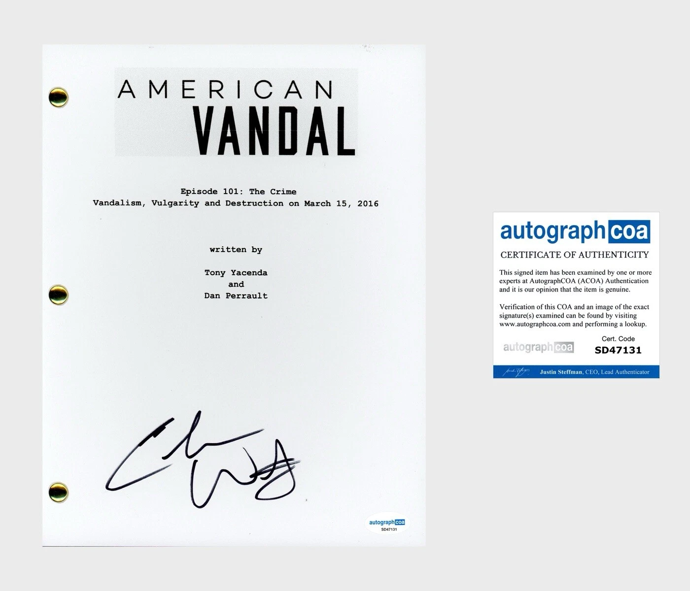 Calum Worthy ‘American Vandal’ Signed Full Pilot Episode Script Screenplay ACOA