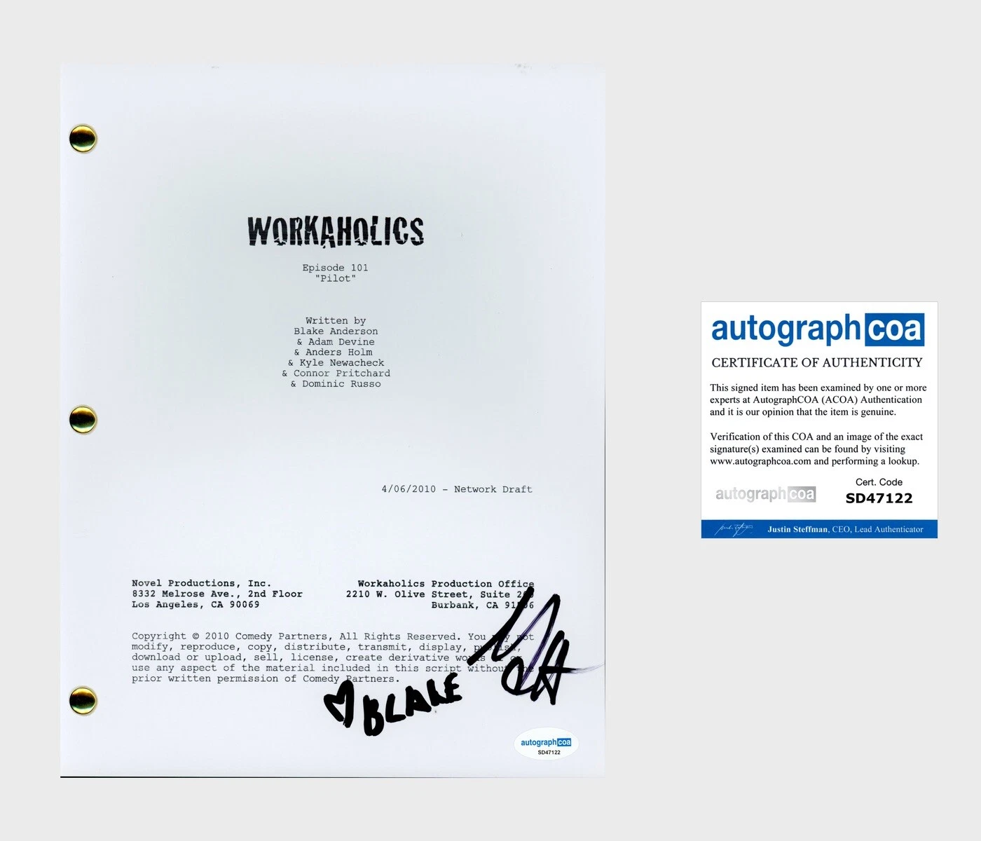 ANDERS HOLM & BLAKE ANDERSON ‘WORKAHOLICS’ SIGNED FULL PILOT SCRIPT ACOA COLLECTIBLE MEMORABILIA