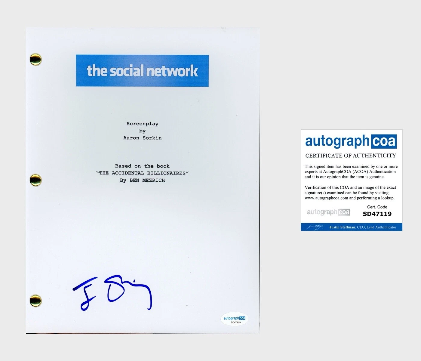 Jesse Eisenberg ‘The Social Network’ Signed Full Movie Script Screenplay ACOA