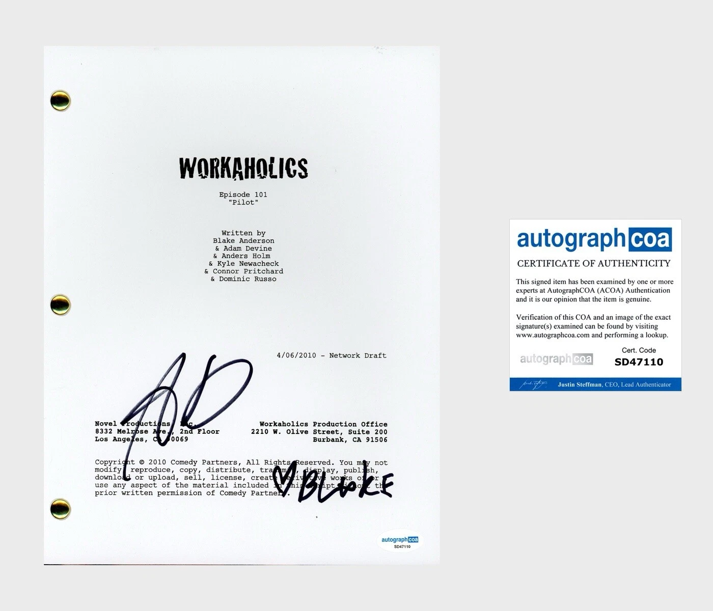 ADAM DEVINE & BLAKE ANDERSON ‘WORKAHOLICS’ SIGNED FULL PILOT SCRIPT ACOA COLLECTIBLE MEMORABILIA