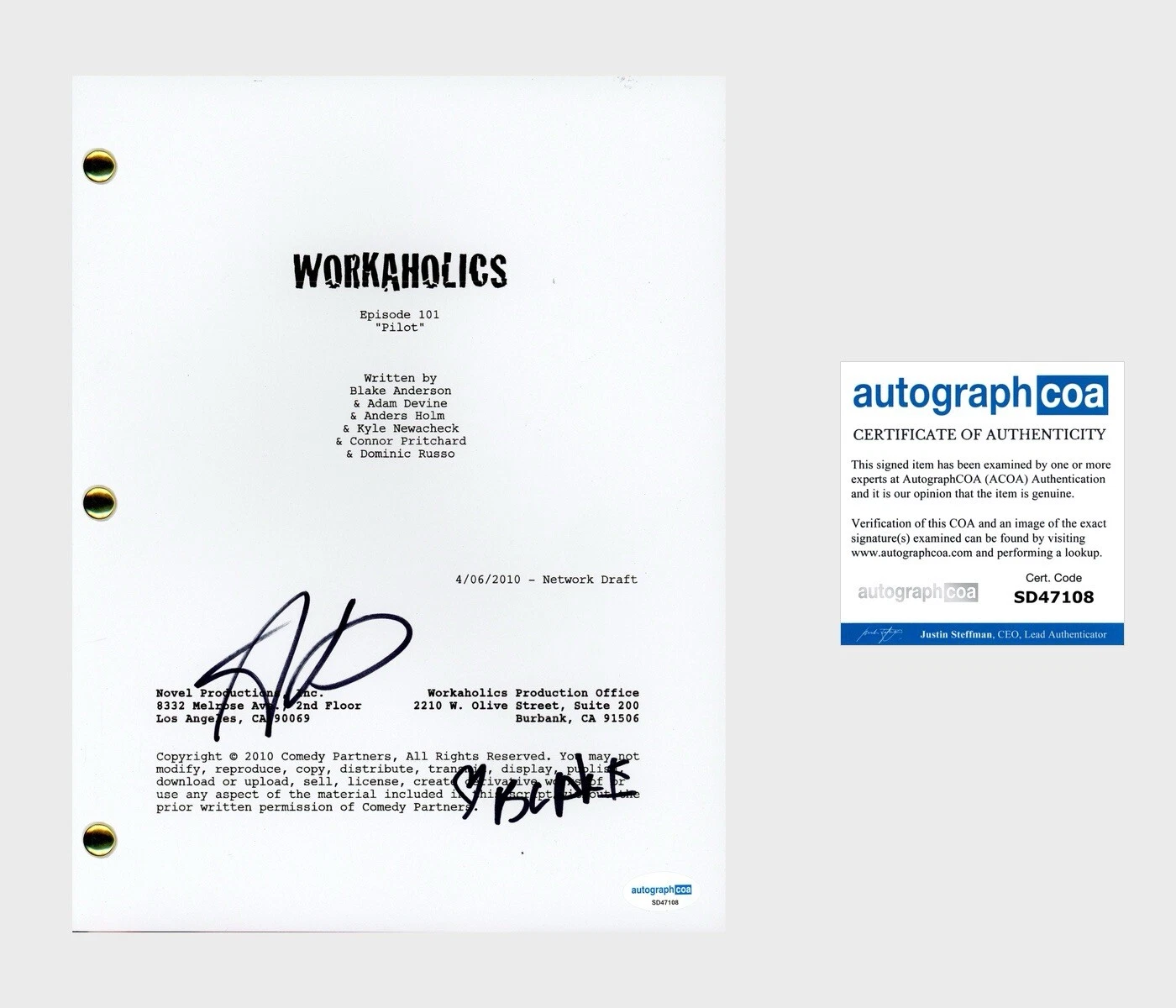 ADAM DEVINE & BLAKE ANDERSON ‘WORKAHOLICS’ SIGNED FULL PILOT SCRIPT ACOA COLLECTIBLE MEMORABILIA
