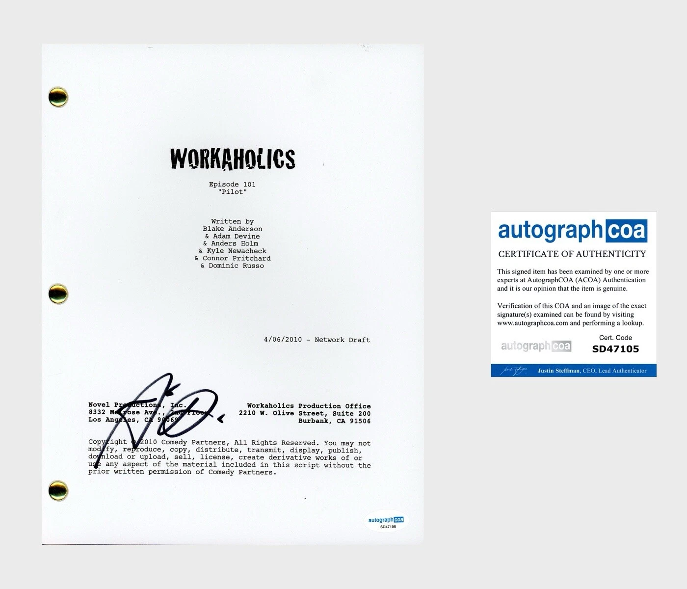ADAM DEVINE ‘WORKAHOLICS’ SIGNED FULL PILOT EPISODE SCRIPT SCREENPLAY ACOA COLLECTIBLE MEMORABILIA