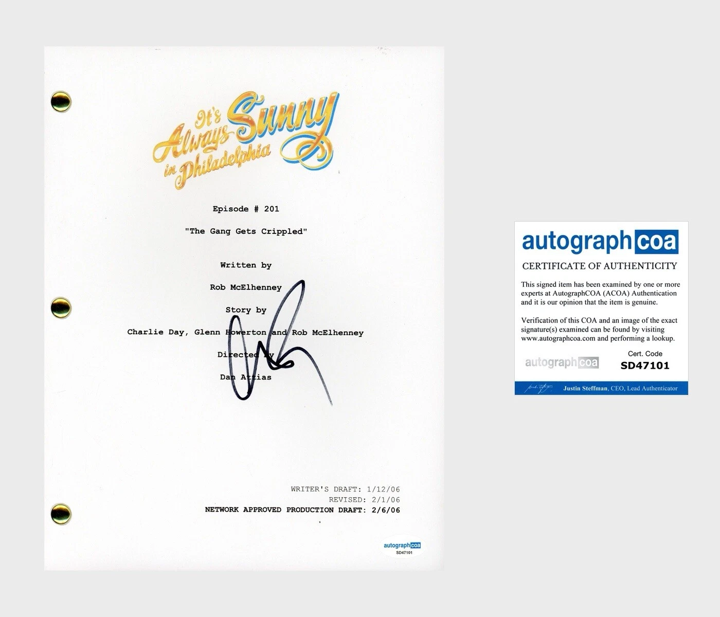 Charlie Day ‘It's Always Sunny in Philadelphia’ Signed Full Episode Script ACOA