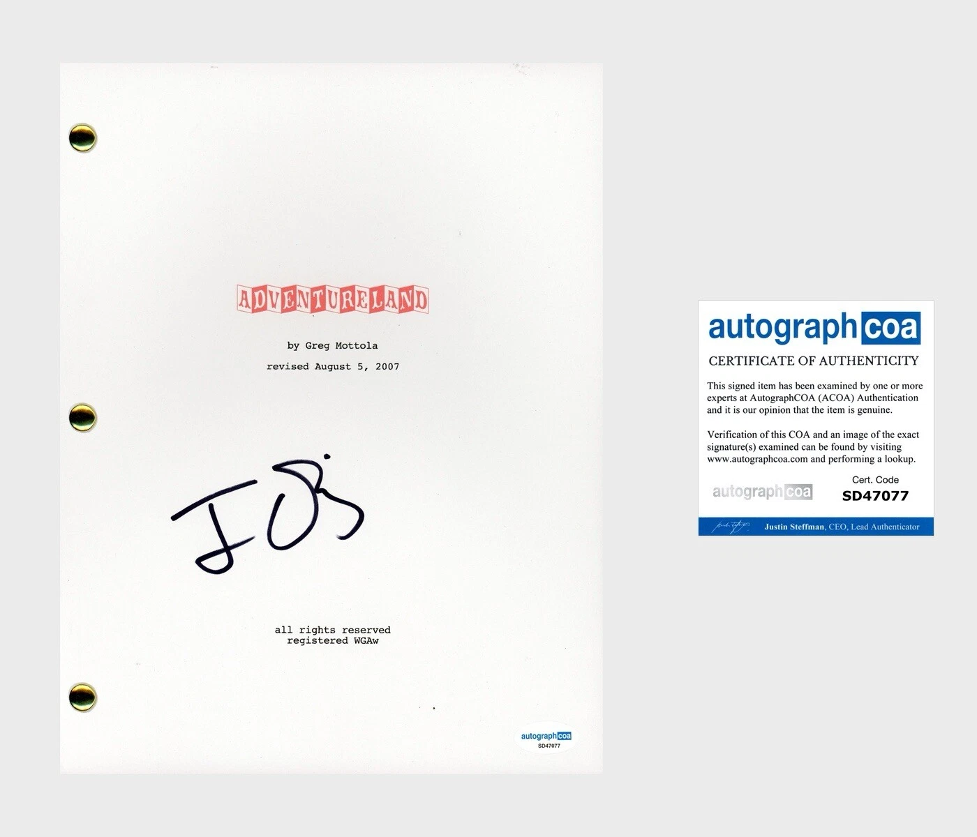 Jesse Eisenberg ‘Adventureland’ Signed Full Movie Script Screenplay ACOA