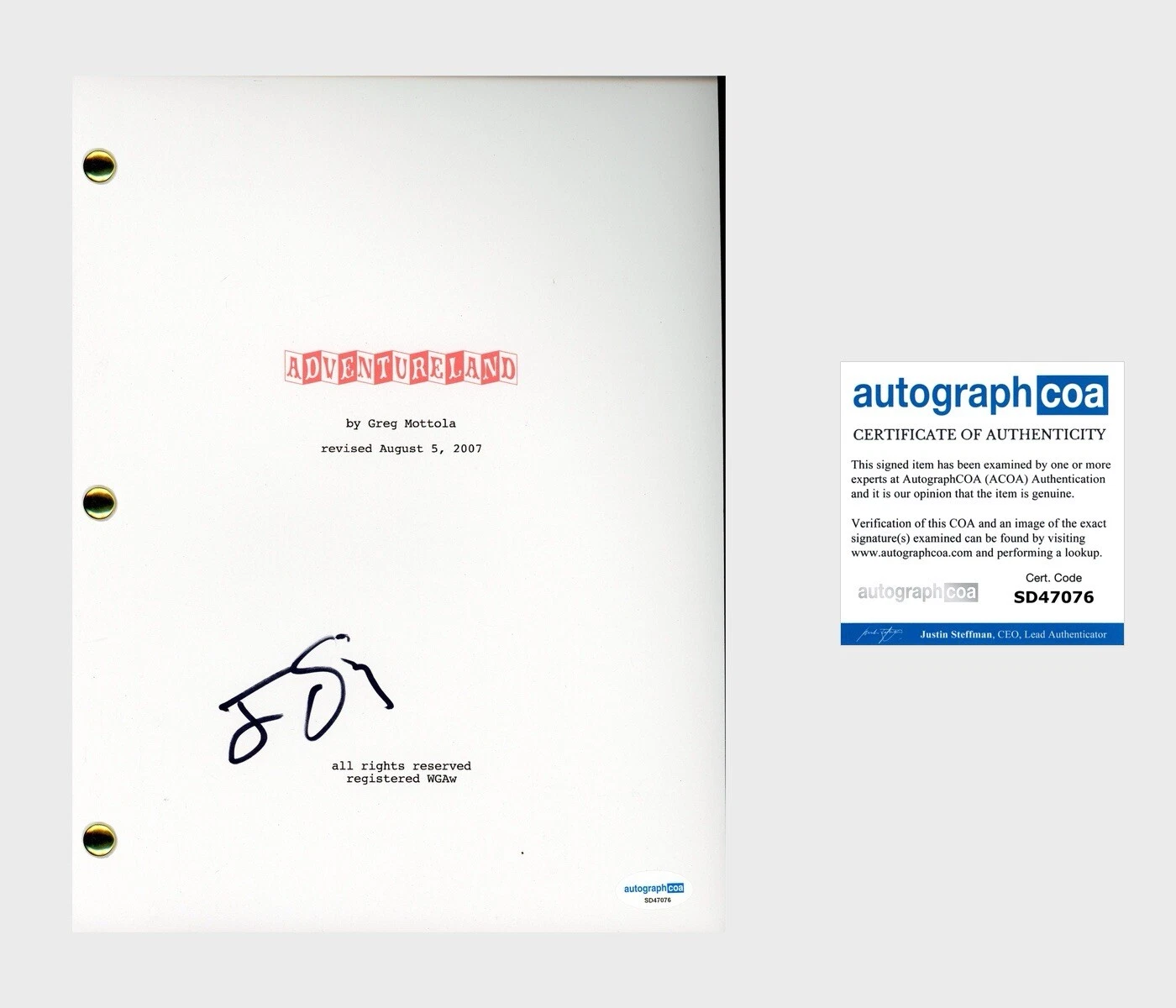 Jesse Eisenberg ‘Adventureland’ Signed Full Movie Script Screenplay ACOA
