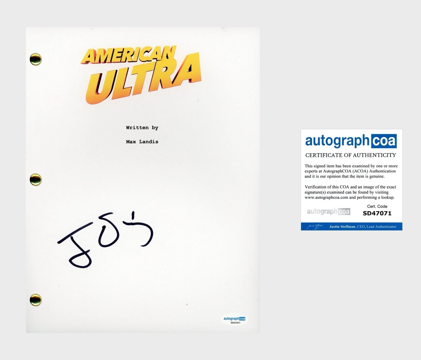 Jesse Eisenberg ‘American Ultra’ Signed Full Movie Script Screenplay ACOA