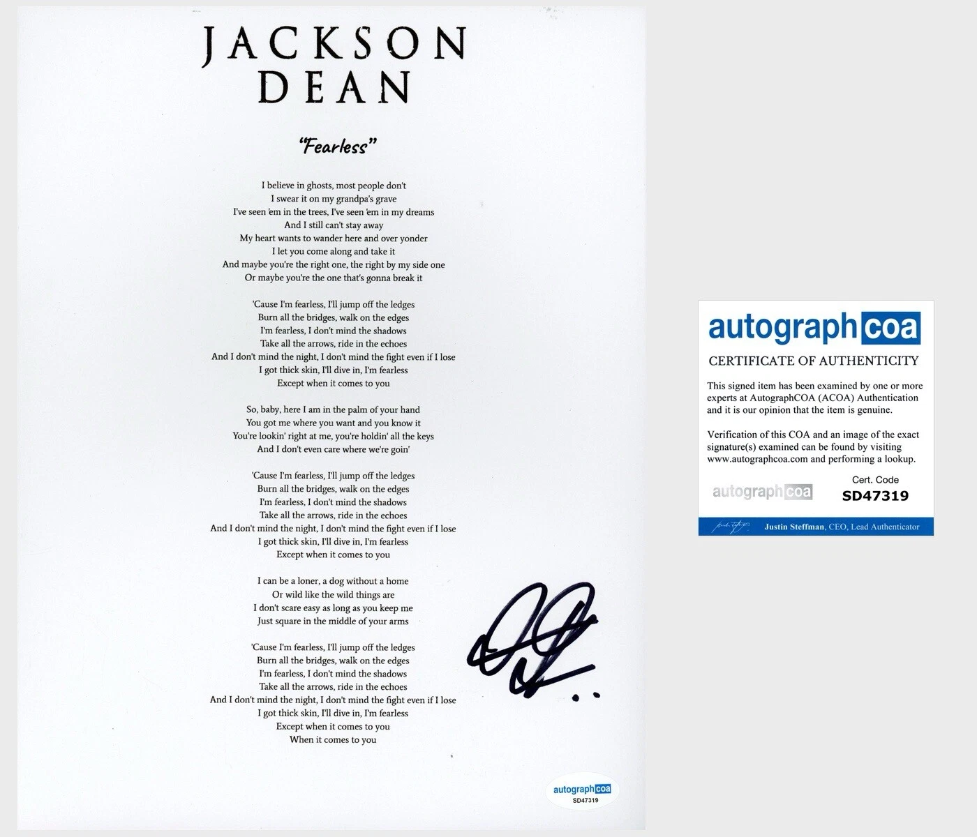 Jackson Dean ‘Fearless’ Country Singer Signed Lyric Sheet Music ACOA