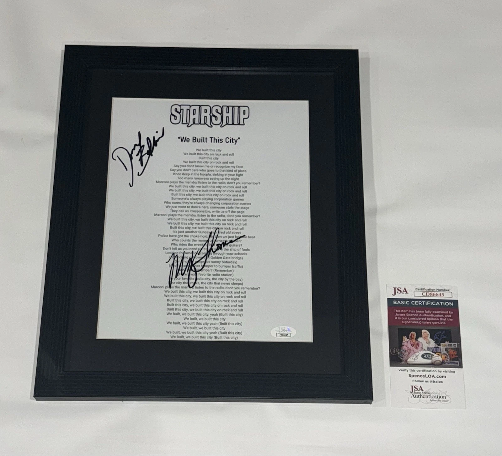 MICKEY THOMAS DONNY BALDWIN SIGNED WE BUILT THIS CITY LYRIC SHEET JSA COA