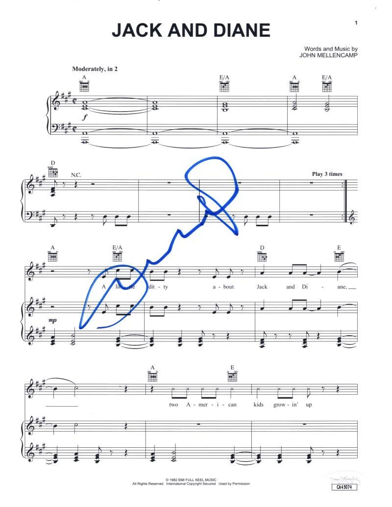 John Mellencamp Signed Autograph Jack and Diane Sheet Music - Scarecrow JSA COA
