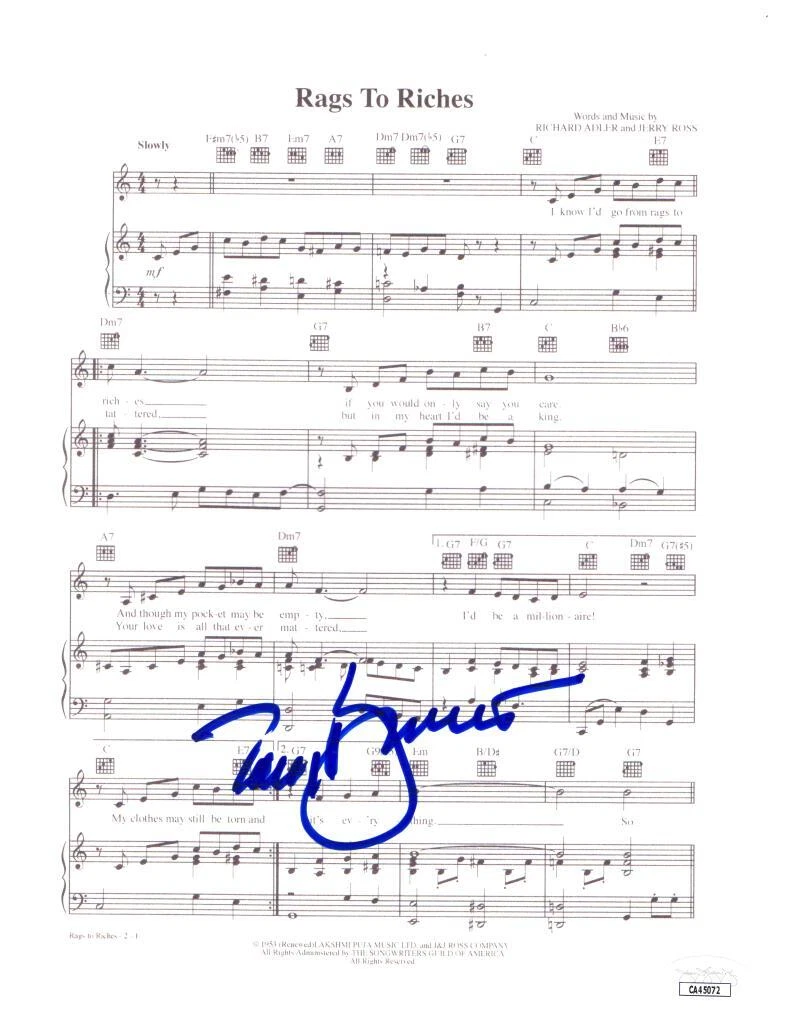 Tony Bennett Signed Autograph Rags to Riches Sheet Music Iconic Crooner JSA COA
