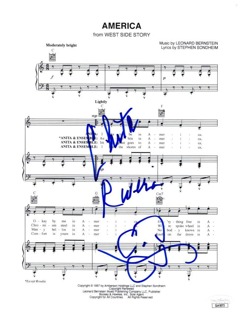Chita Rivera Signed Autograph West Side Story America Sheet Music Anita JSA COA