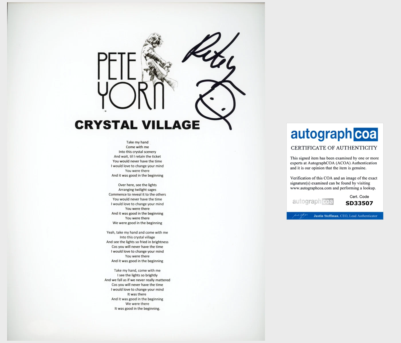 PETE YORN SIGNED AUTOGRAPH CRYSTAL VILLAGE LYRIC SHEET w/PROOF & ACOA COA