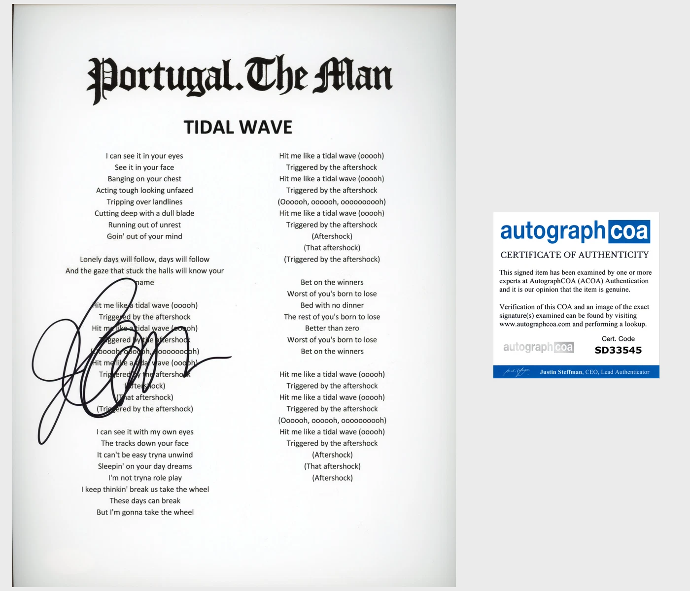 JOHN GOURLEY SIGNED PORTUGAL THE MAN TIDAL WAVE LYRIC SHEET w/EXACT PROOF & COA