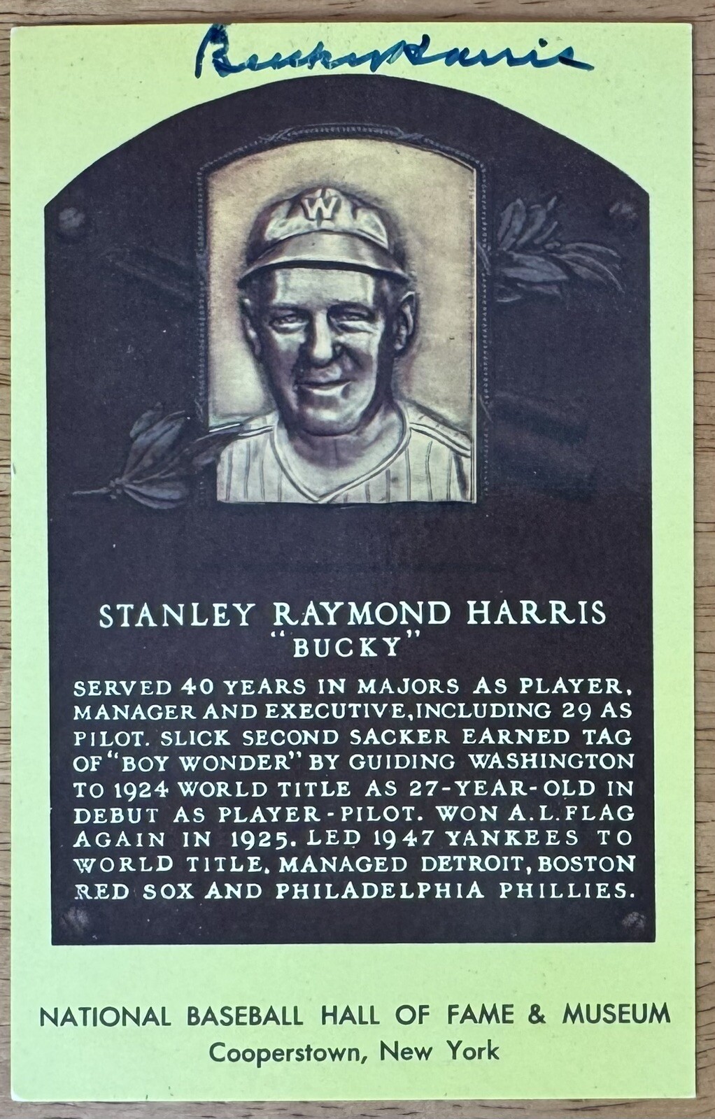 Bucky Harris Signed Autographed Yellow HOF Plaque Postcard BAS Beckett Cert