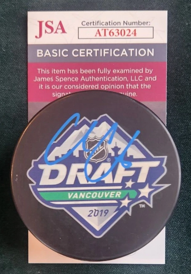 Cole Caufield Signed 2019 NHL Draft Puck w/ JSA COA #AT63024 Montreal Canadiens