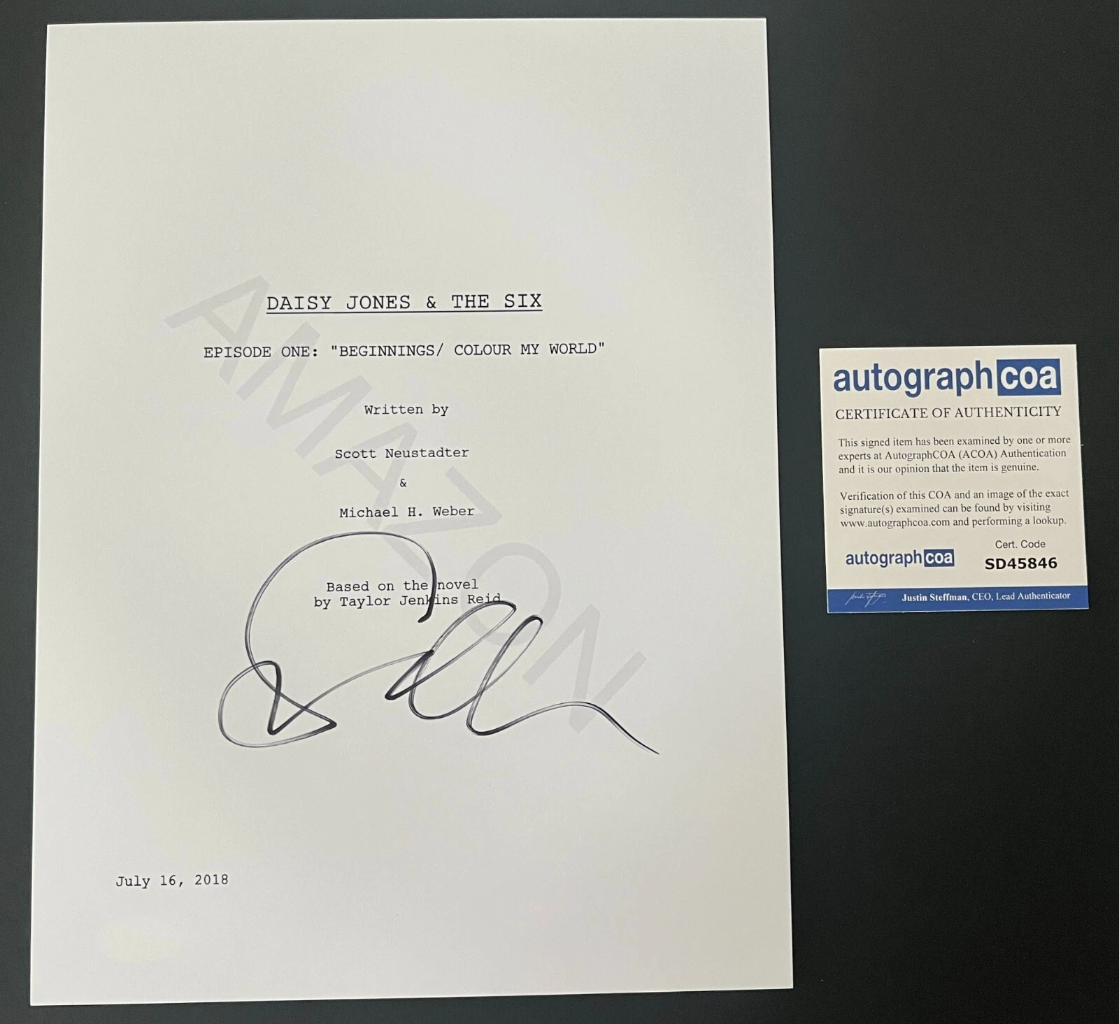 SAM CLAFLIN SIGNED DAISY JONES & THE SIX PILOT SCRIPT w/PROOF & AUTOGRAPH COA