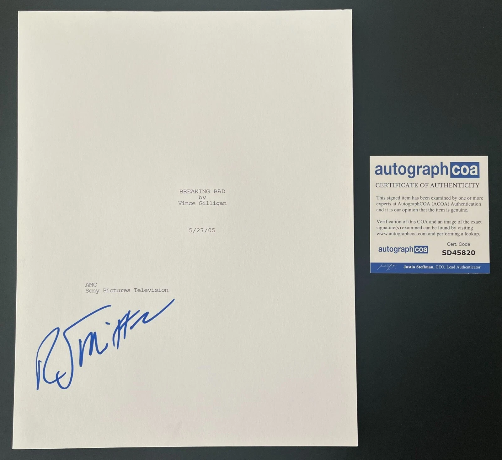 R.J. MITTE SIGNED BREAKING BAD PILOT SCRIPT w/EXACT PROOF & AUTOGRAPH COA ACOA