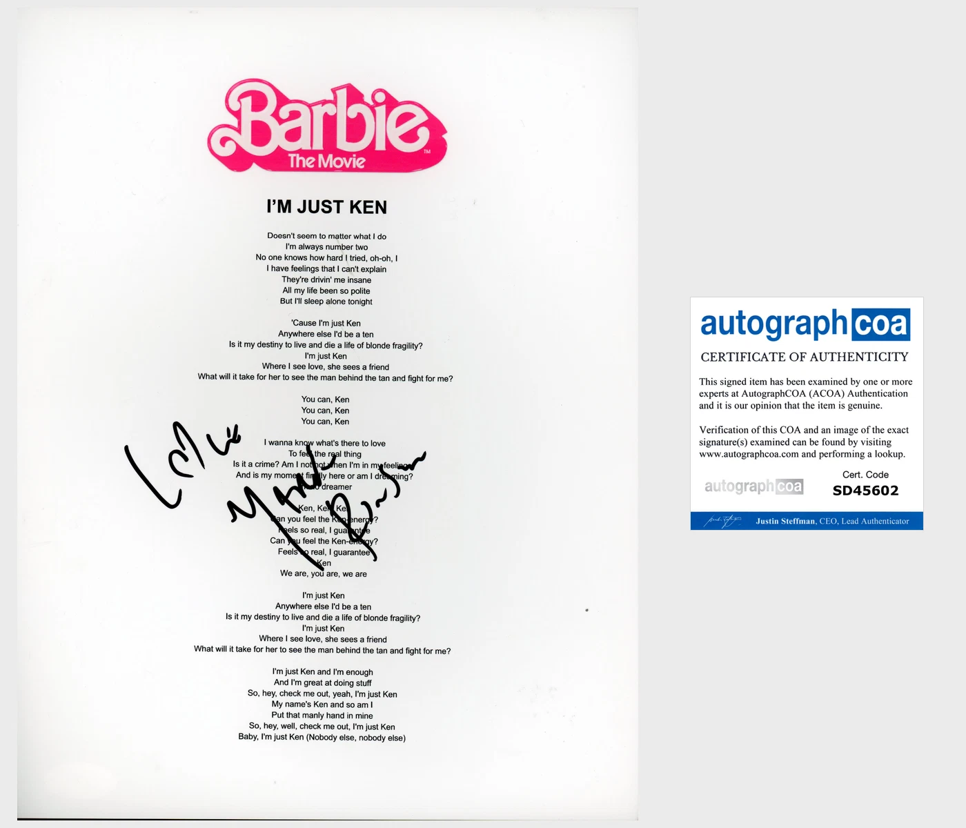 MARK RONSON SIGNED BARBIE I'M JUST KEN LYRICS SHEET w/PROOF & AUTOGRAPH COA ACOA