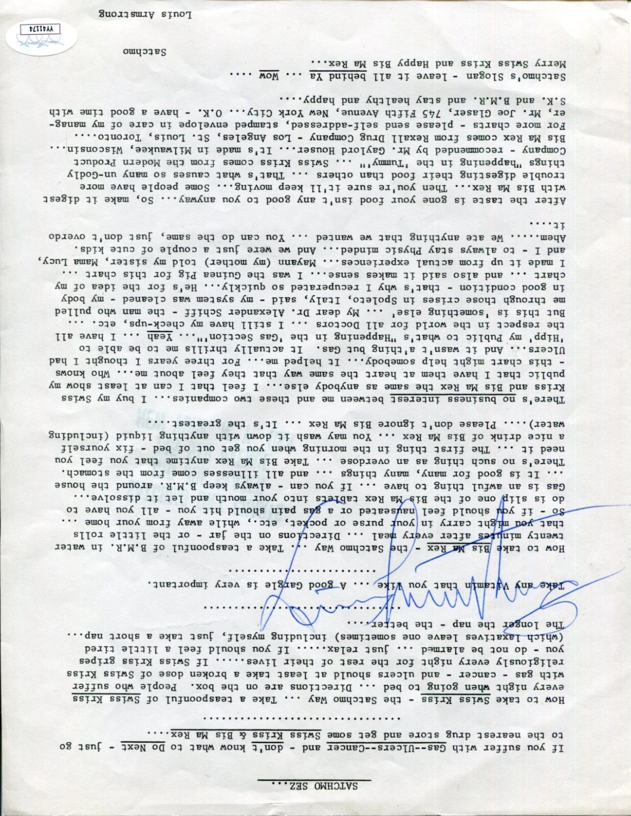 Louis Armstrong Jazz What a Wonderful World Singer Rare Signed Autograph JSA