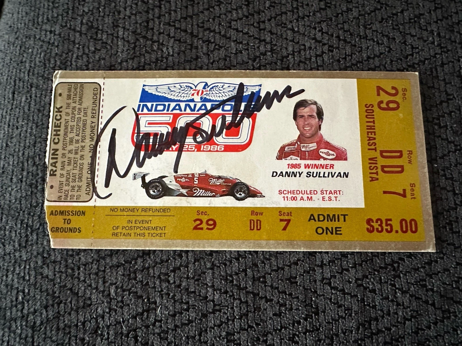 1986 Indy 500 Danny Sullivan Signed Ticket Stub (1985 Indy Race Winner)