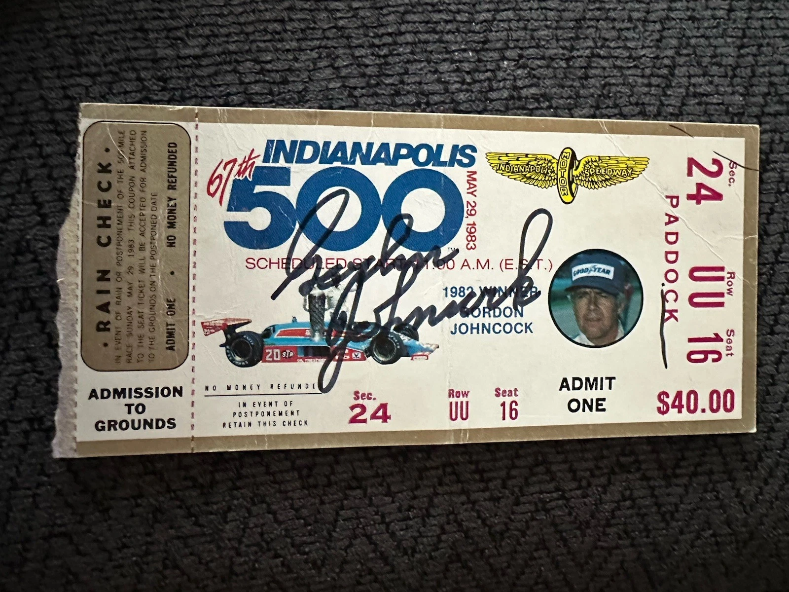 Gordon Johncock Signed 1983 Indianapolis Indy 500 Ticket (1982 Race Winner)