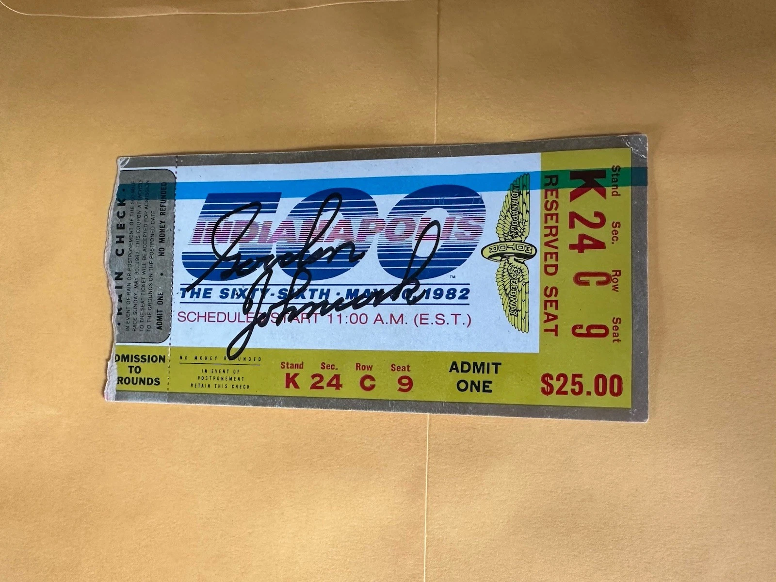 Gordon Johncock Signed Indianapolis Indy 500 Ticket 1982 Race Winner
