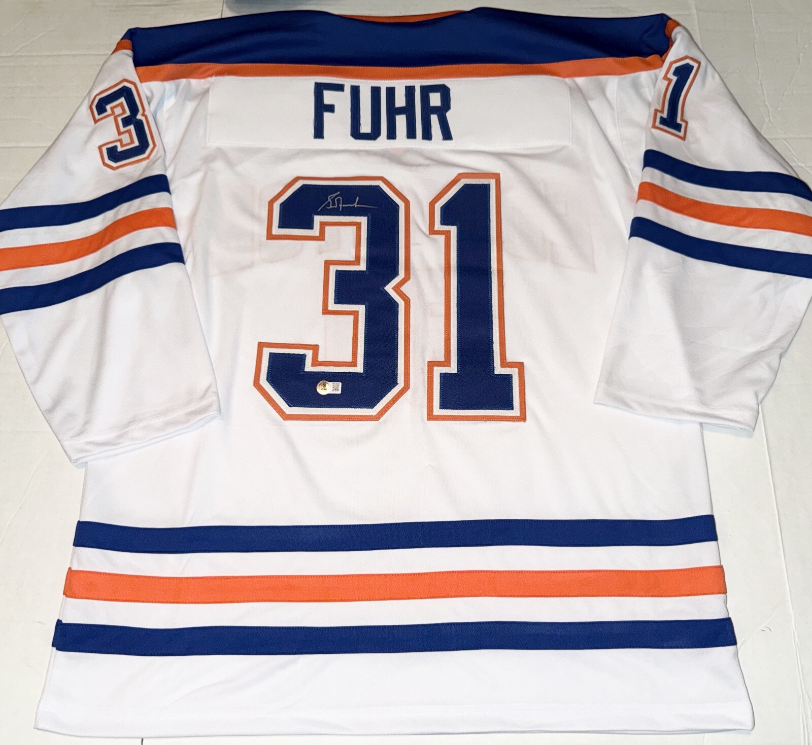 Grant Fuhr Edmonton Oilers signed White Custom jersey Beckett Witnessed