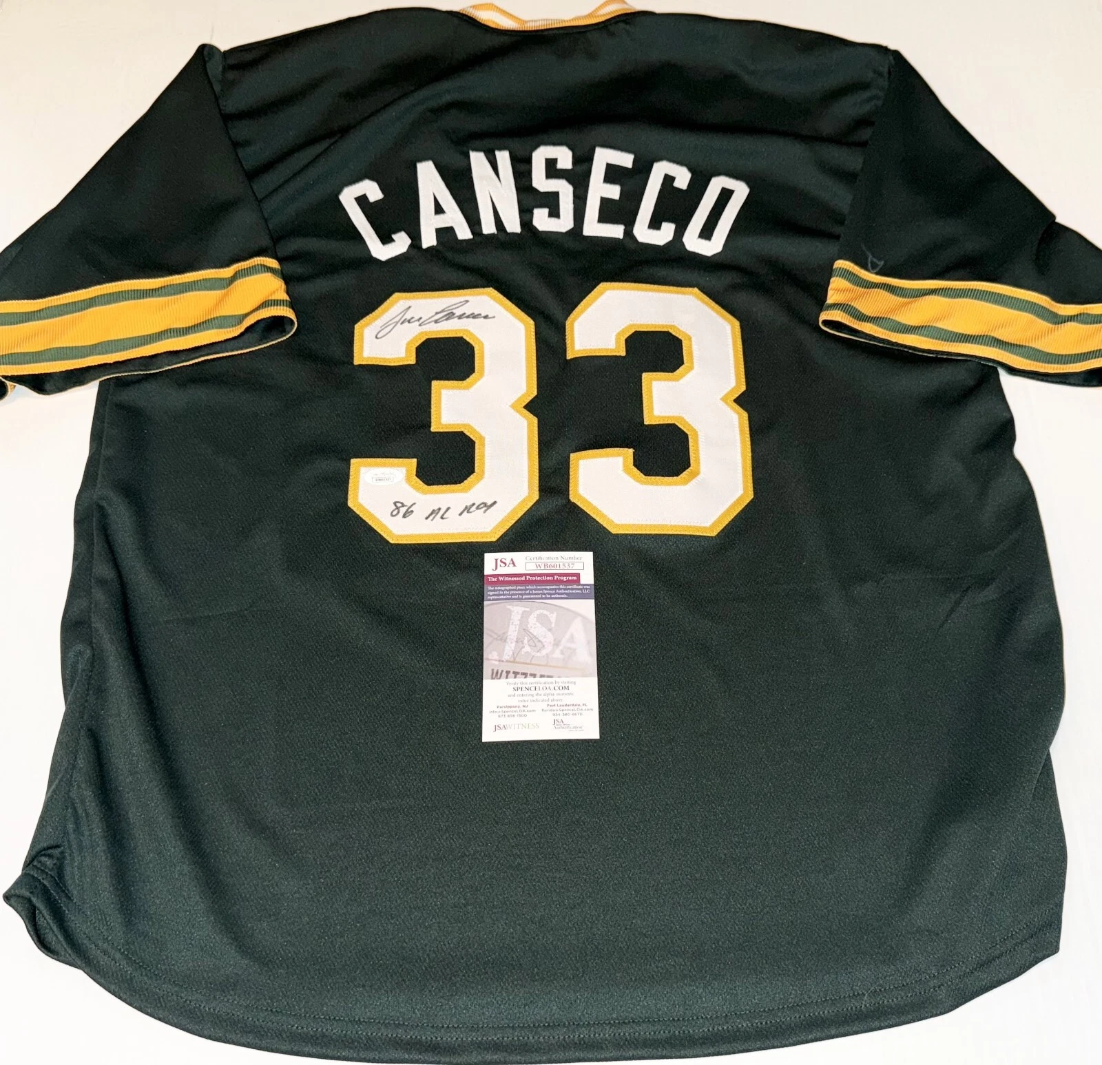 Jose Canseco signed Green Oakland A's Custom jersey W/ ROY Inscrip JSA Witnessed