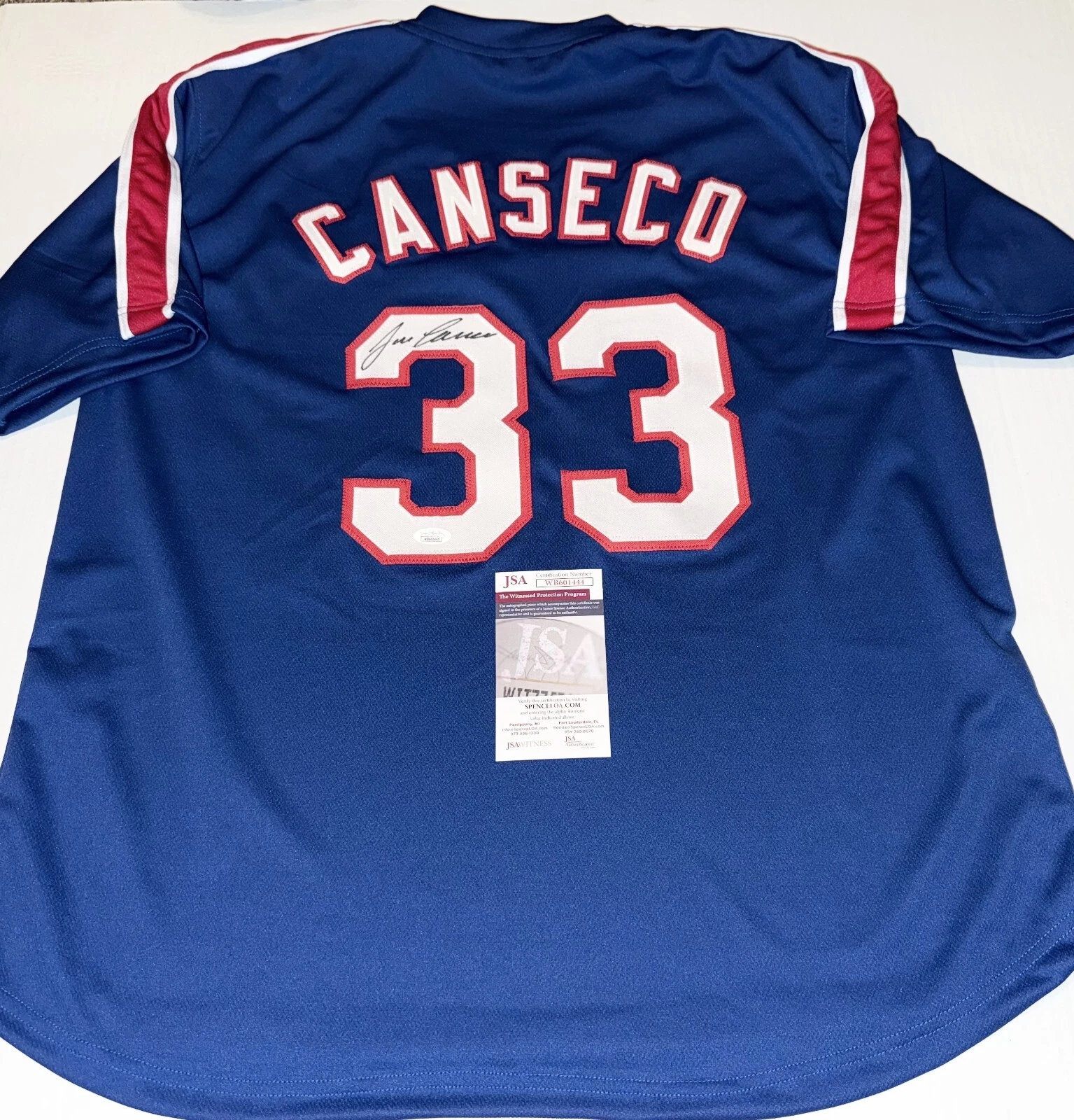 Jose Canseco signed Texas Rangers Custom jersey autographed JSA Witnessed