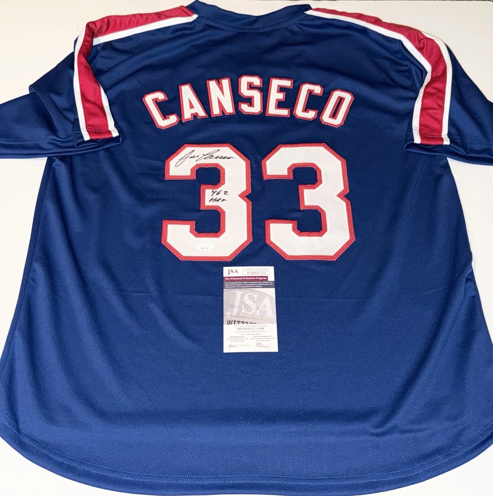 Jose Canseco signed Texas Rangers Custom jersey W/ 462 HR Inscrip JSA Witnessed