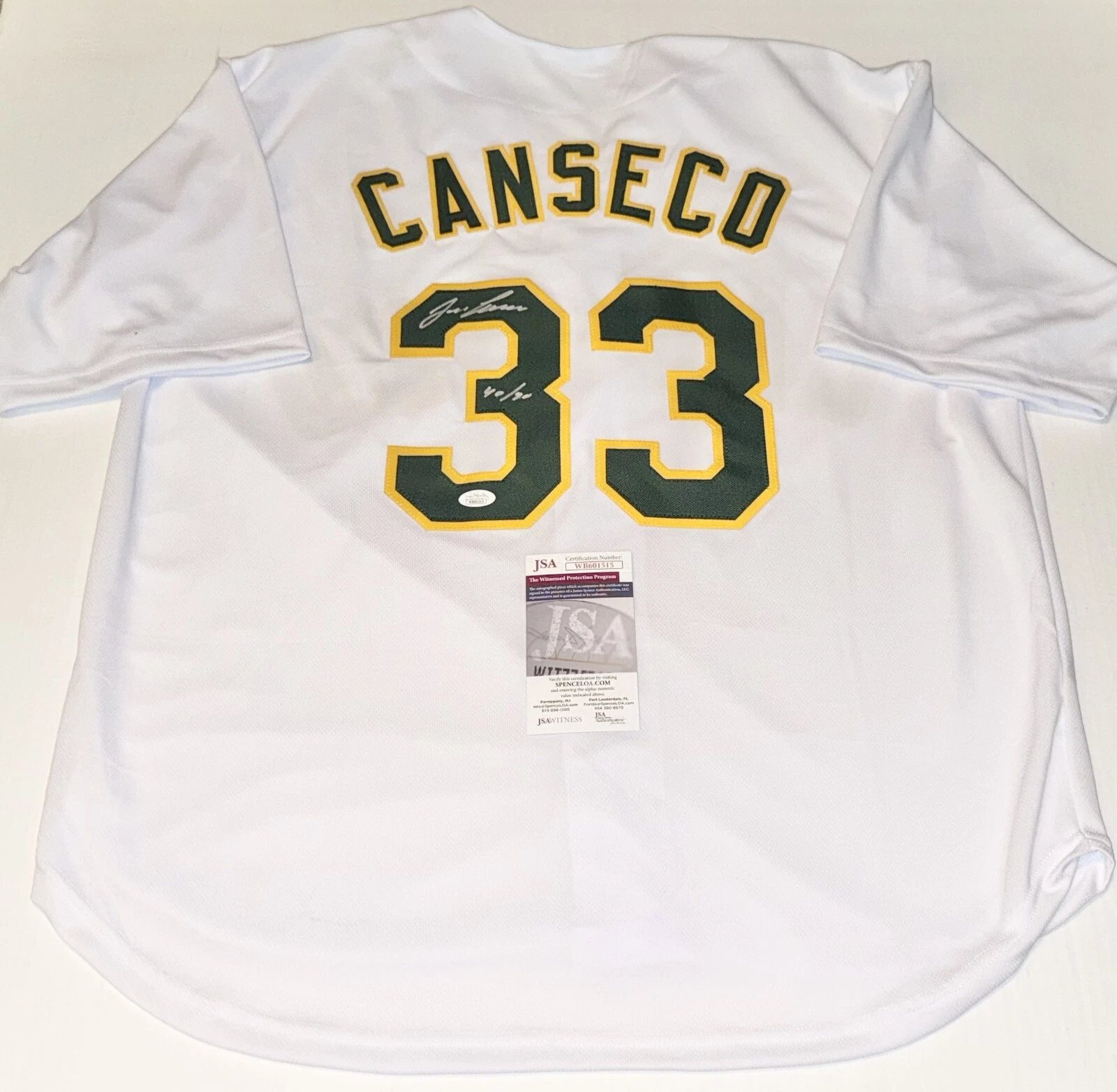 Jose Canseco signed White Oakland A's Custom jersey W/ 40/40 Insc. JSA Witnessed