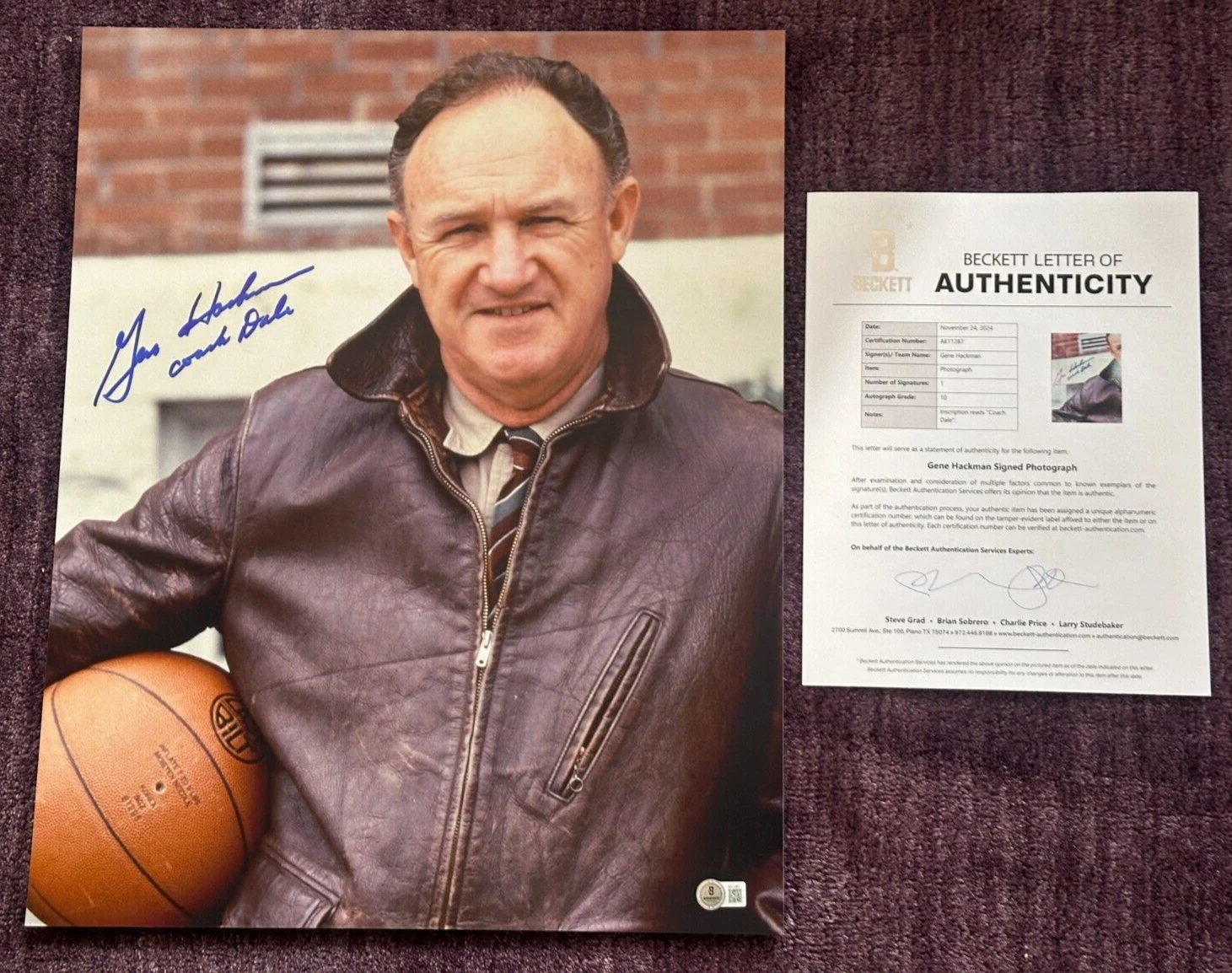 GENE HACKMAN Signed HOOSIERS 16x20 PHOTO BAS LOA AUTO 10 w/ Coach Dale Inscrip