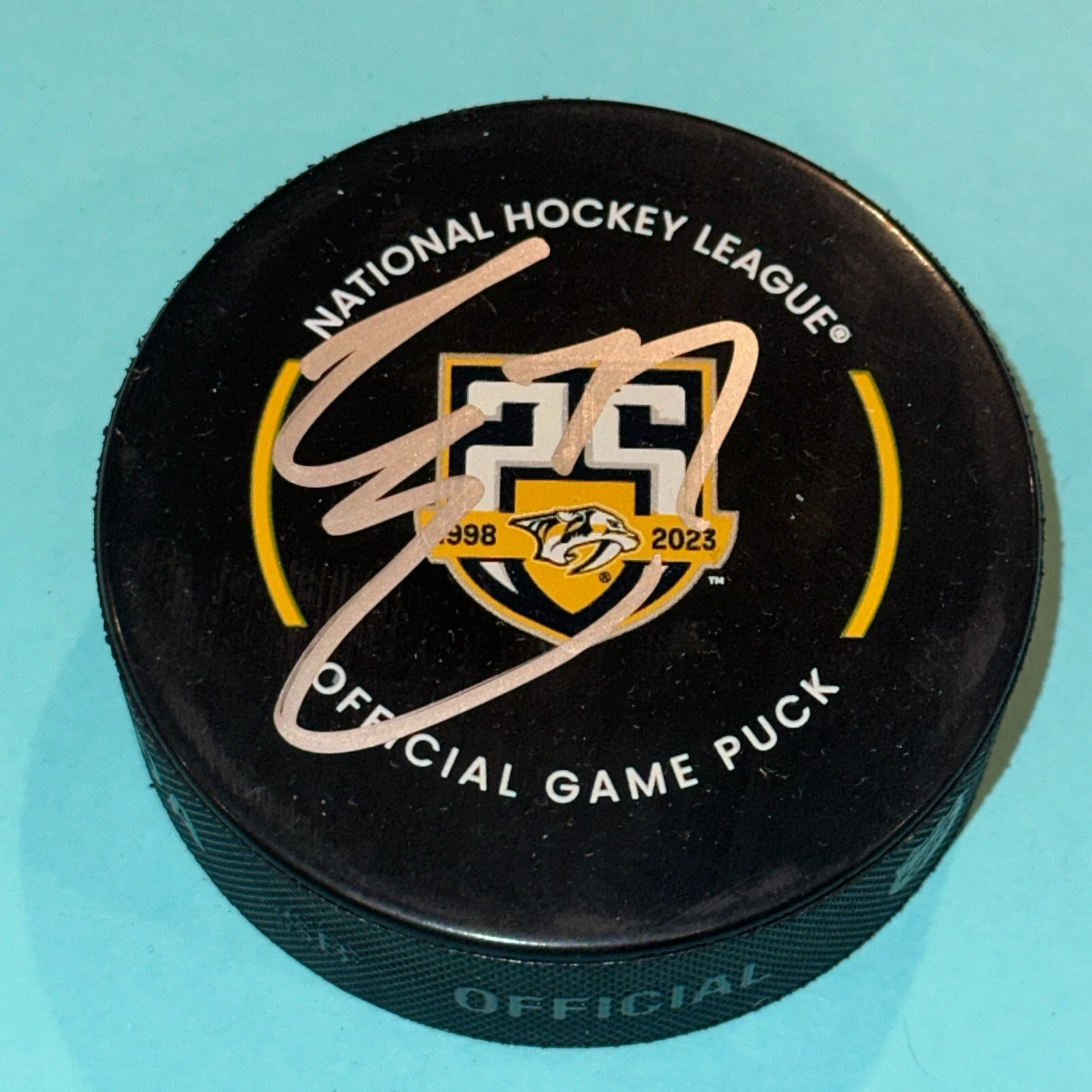 LUKE EVANGELISTA Signed PREDATORS 25th Ann Official GAME Puck Beckett (BAS)