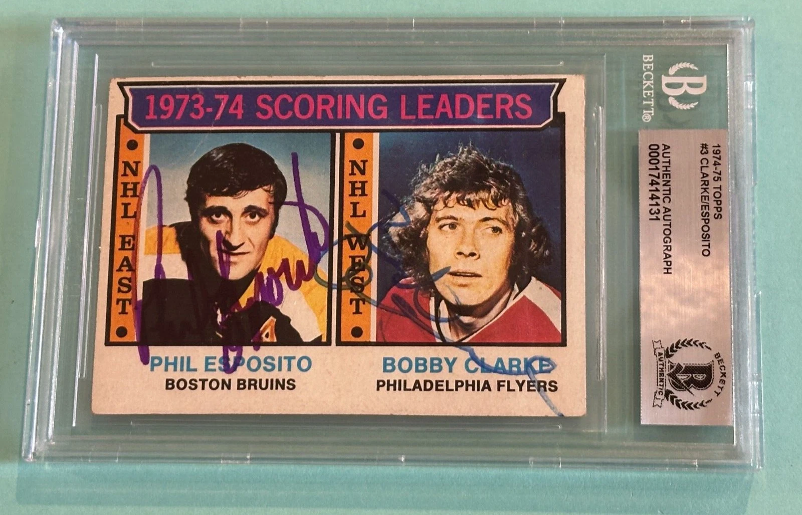 PHIL ESPOSITO & BOBBY CLARKE Signed 1974-75 TOPPS Card #3 Beckett BAS
