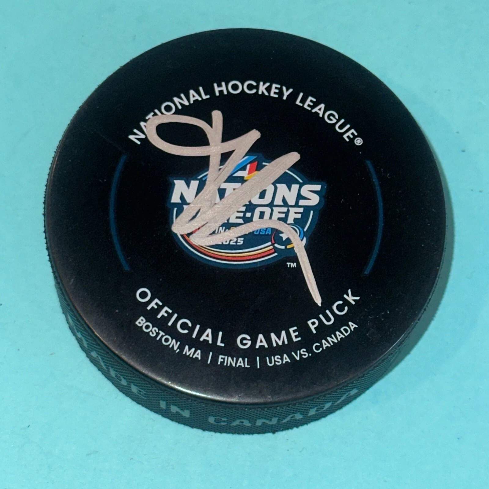 BRADY TKACHUK (U.S.) Signed 4 NATIONS FINAL Official GAME Puck Beckett (BAS)