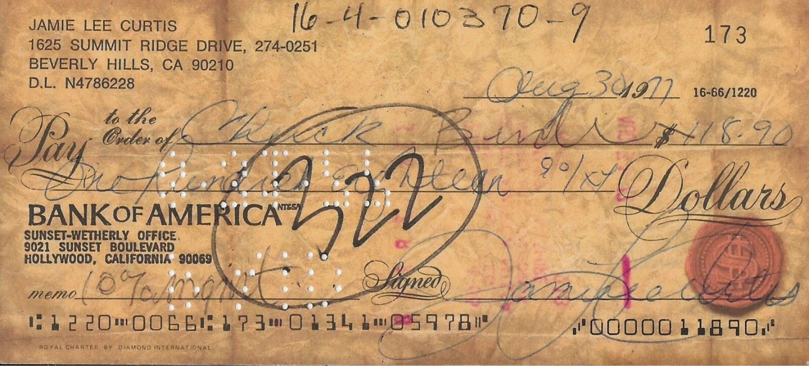 Jamie Lee Curtis REAL hand SIGNED Personal Check JSA Autographed Halloween