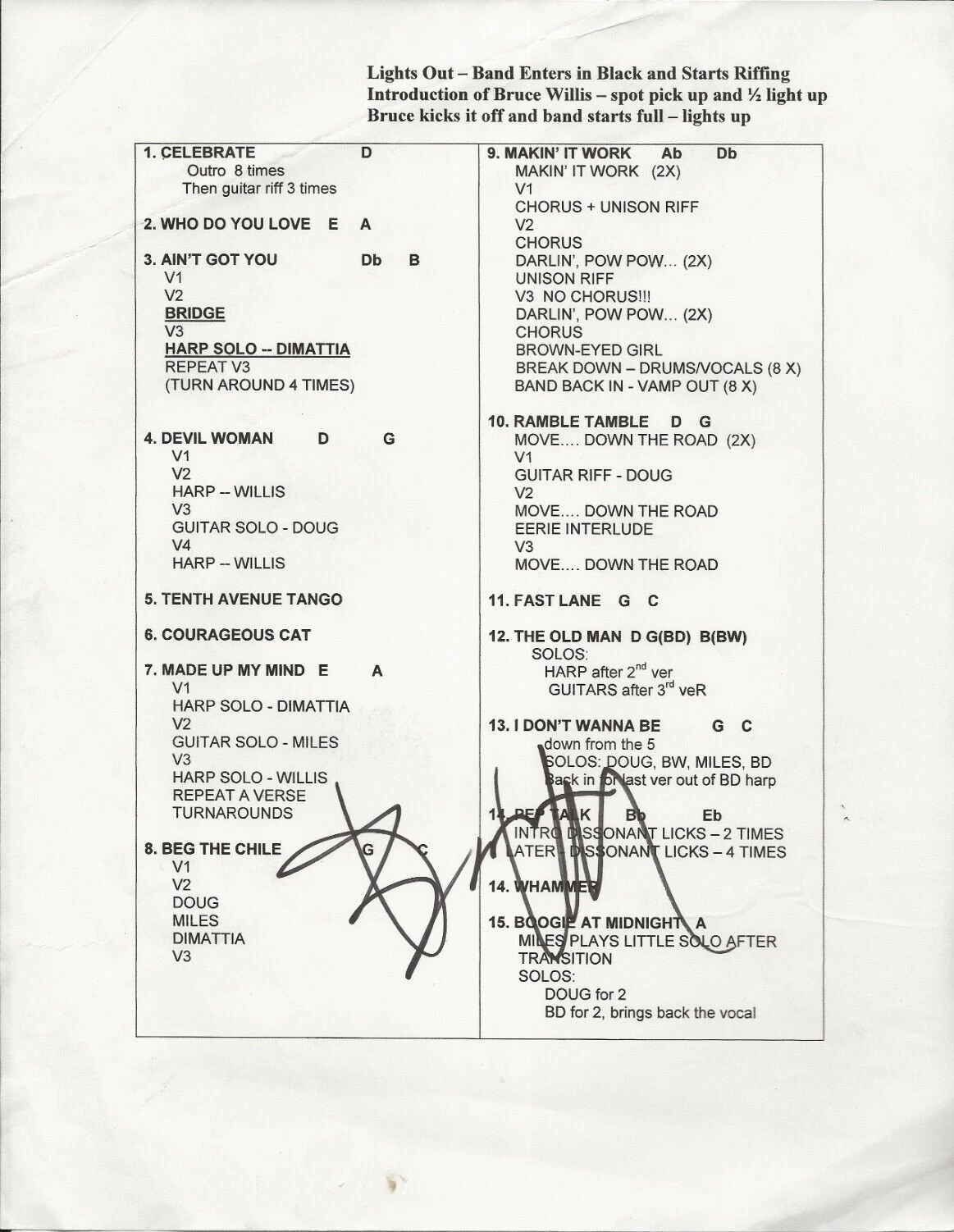 Bruce Willis REAL SIGNED Concert Set List JSA LOA Autographed actor Die Hard