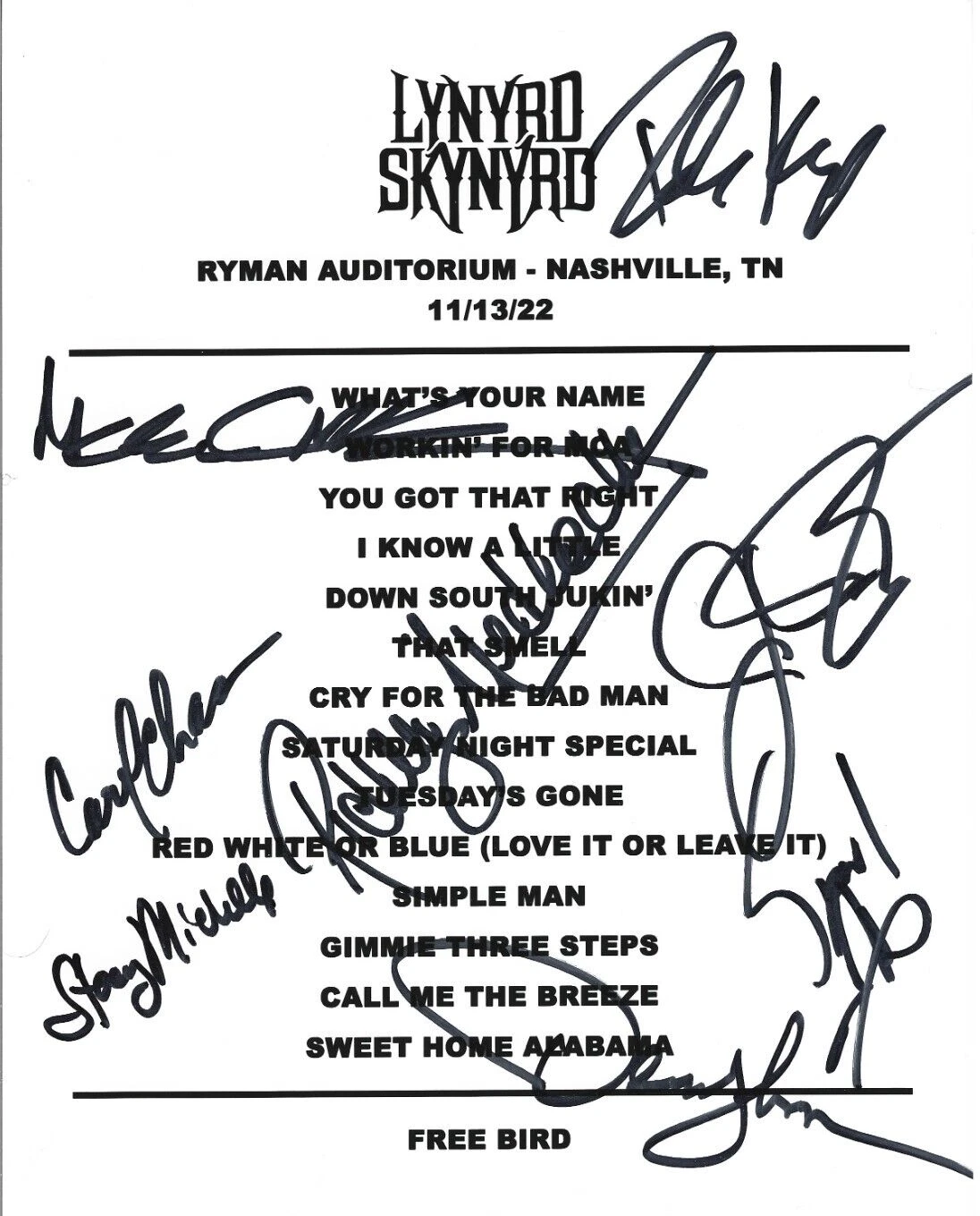 Lynyrd Skynyrd REAL SIGNED Novelty Setlist COA Autographed Van Zant Medlocke +