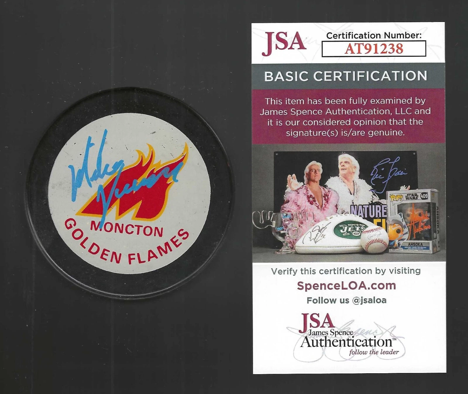 Mike Vernon Signed Moncton Flames Official Game Puck Calgary Flames JSA COA
