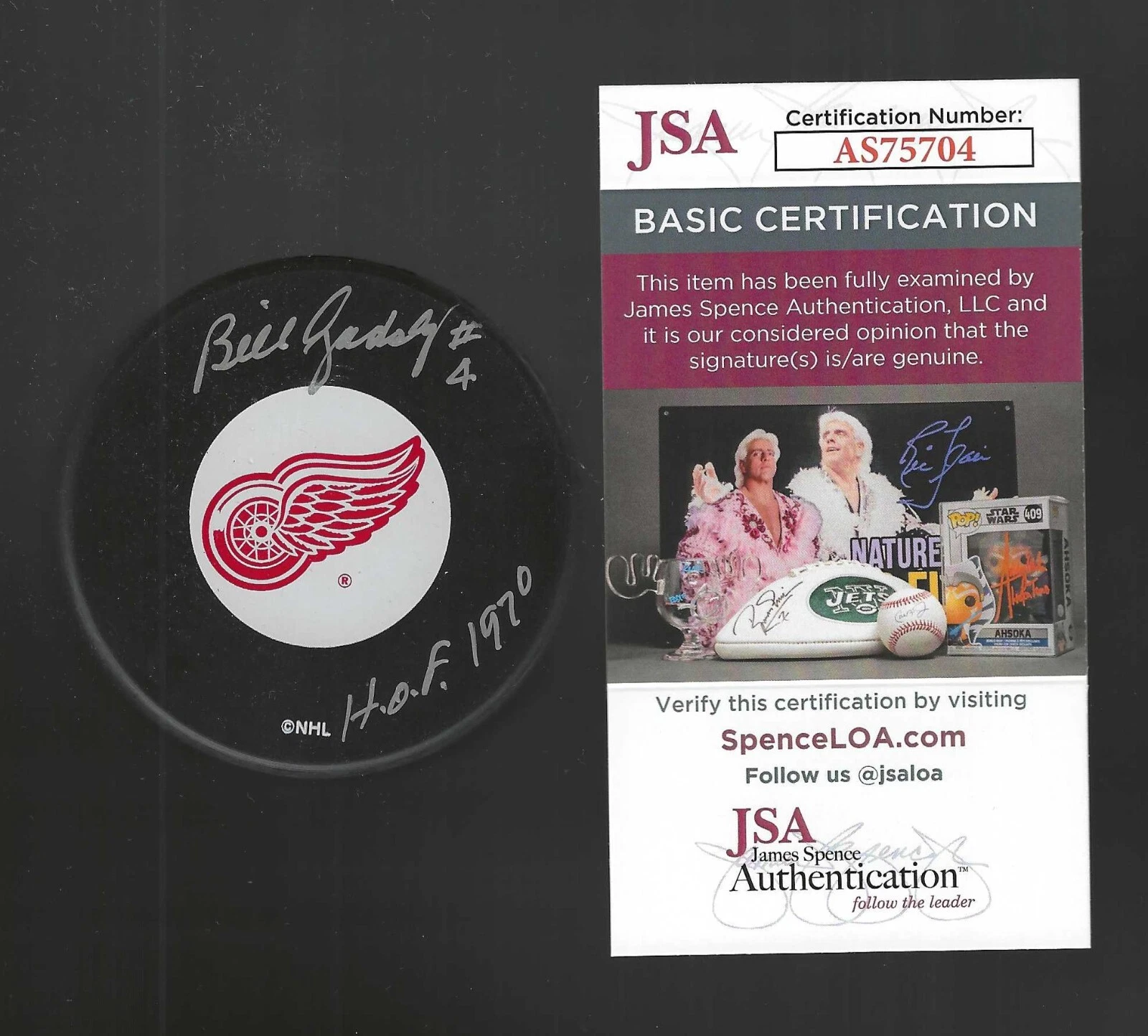 Bill Gadsby Signed & Inscribed Detroit Red Wings Large Logo Puck JSA COA