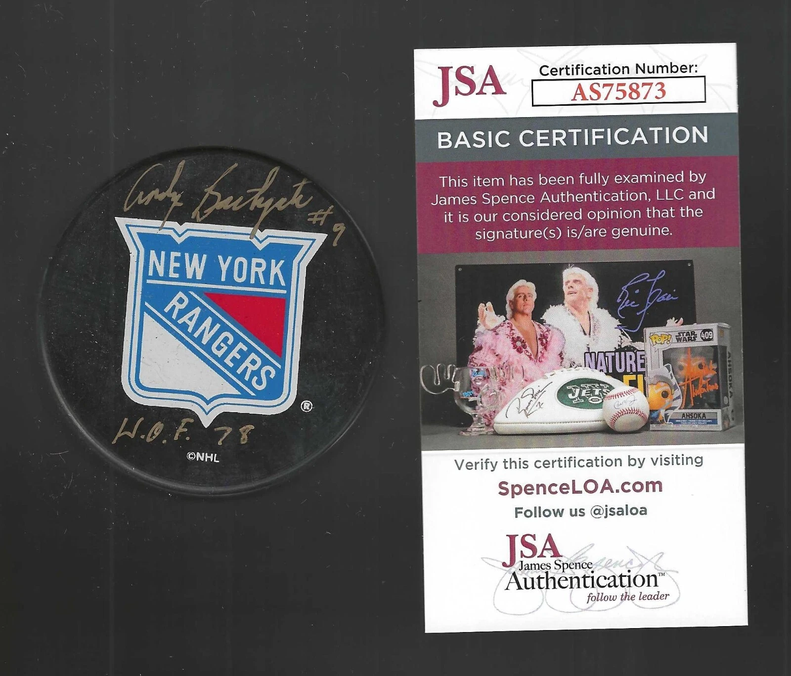 Andy Bathgate Signed & Inscribed New York Rangers Souvenir Puck Gold JSA COA